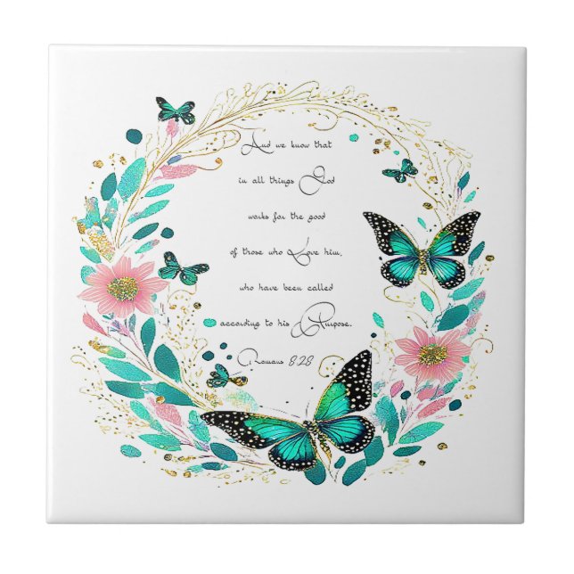 Romans 8:28 Flowers and butterflies  Tile (Front)