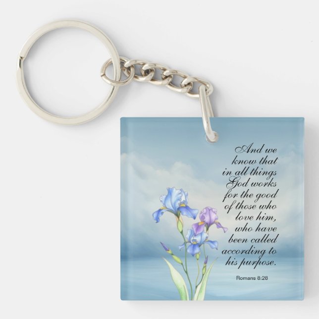 Romans 8:28 Iris Watercolor  Key Ring (Front)