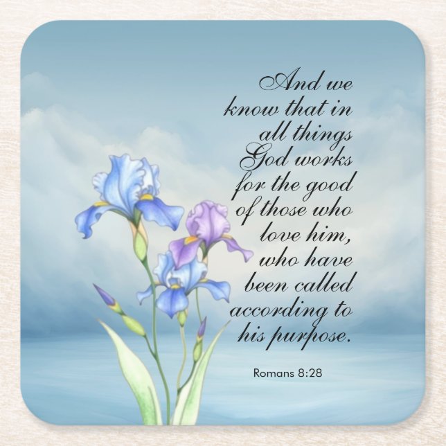 Romans 8:28 Iris Watercolor  Square Paper Coaster (Front)