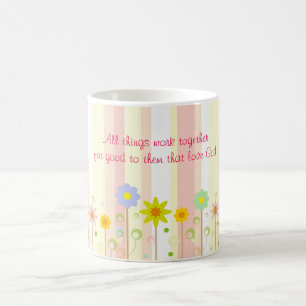 Romans 8:28 Pink Stripe and Flower Christian Quote Coffee Mug