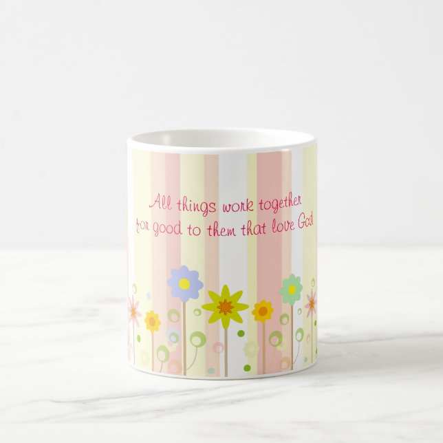 Romans 8:28 Pink Stripe and Flower Christian Quote Coffee Mug (Center)