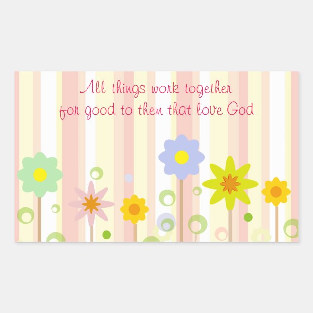 Romans 8:28 Pink Stripe and Flower Christian Quote Rectangular Sticker (Front)