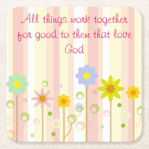 Romans 8:28 Pink Stripe and Flower Christian Quote Square Paper Coaster