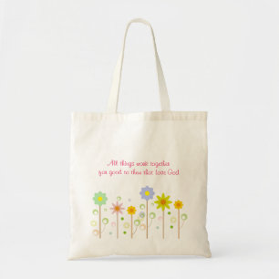 Romans 8:28 Pink Stripe and Flower Christian Quote Tote Bag
