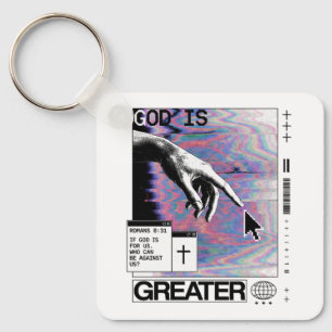 Romans 8:31 Cyberpunk Hand Of God Glitch Art Key Ring
