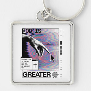 Romans 8:31 Cyberpunk Hand Of God Glitch Art Key Ring
