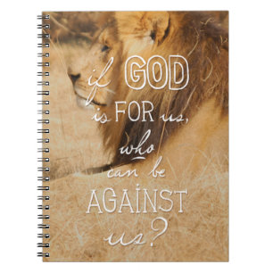 Romans 8:31 orange gold lion Bible quote notebook