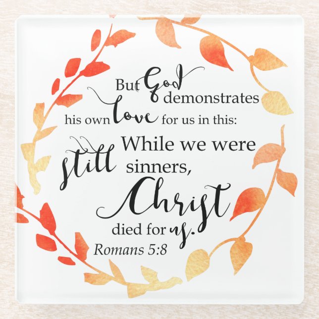 Romans Bible Quote Christ Faith-Based Fall Wreath Glass Coaster (Front)
