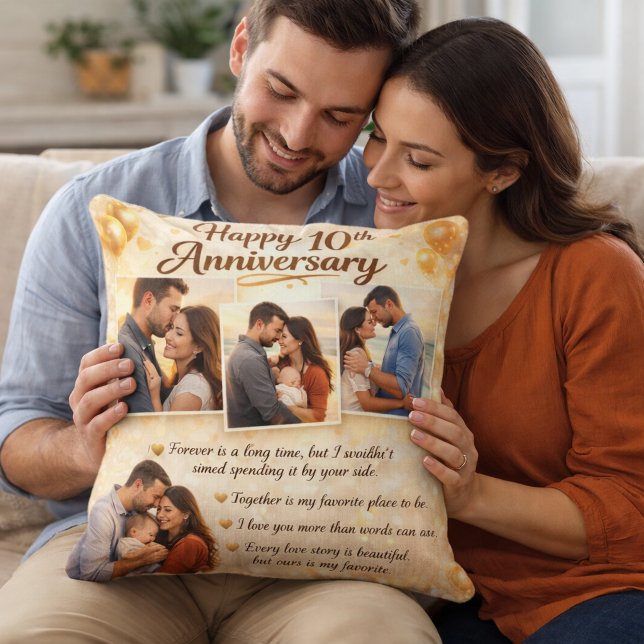 Romantic 10th Anniversary Couple Photo Collage Cushion (Creator Uploaded)