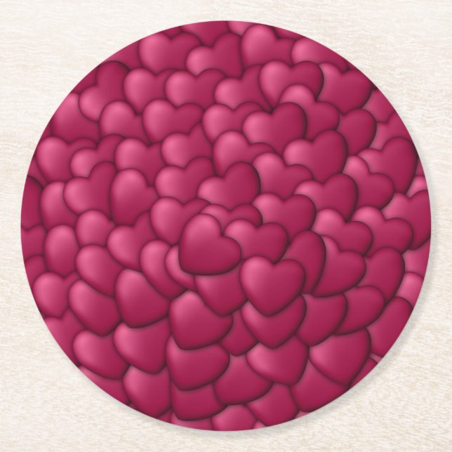 Romantic 3D Red Hearts Pattern-32322 Round Paper Coaster (Front)