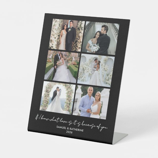 Romantic 6 Photo Collage Valentine’s Day Black Pedestal Sign (Front)