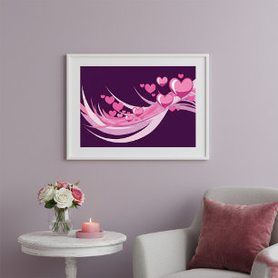 Romantic Abstract Pink Hearts Design On Purple  Poster