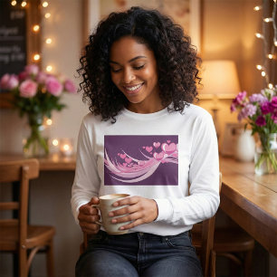 Romantic Abstract Pink Hearts Design On Purple T-Shirt
