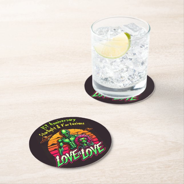 Romantic Aliens Under Cosmic Sunset Round Paper Coaster (Insitu)