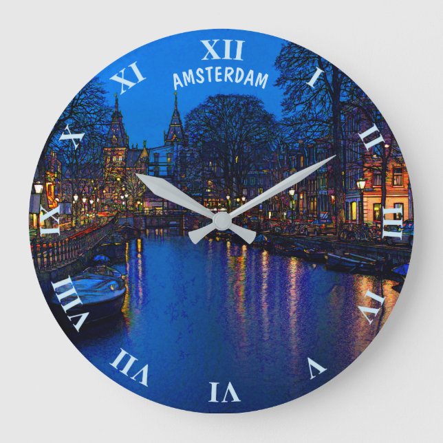 Romantic Amsterdam Canal At Night With Boats Large Clock (Front)