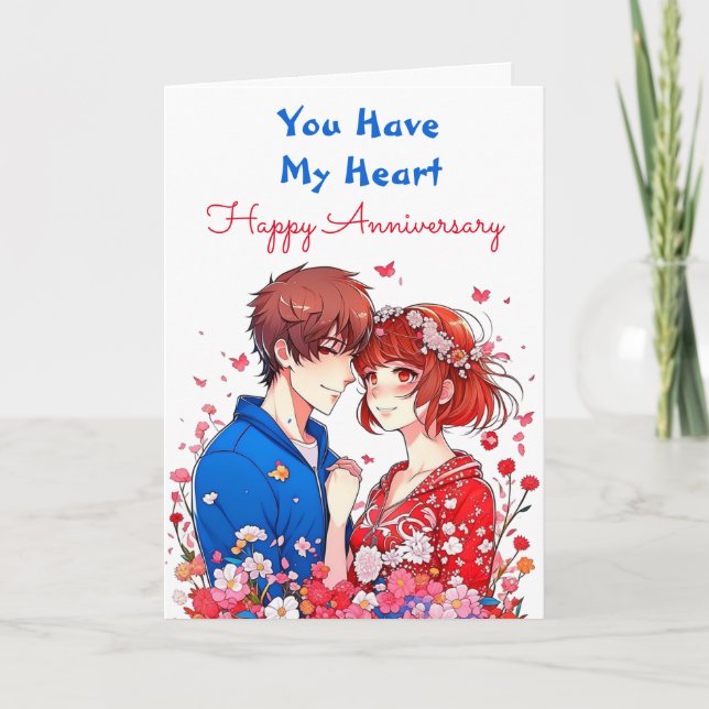 Romantic and Cute Anime Couple Anniversary Card (Front)