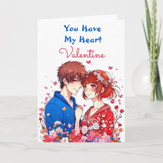 Romantic and Cute Anime Couple Valentine's Day Card (Front)
