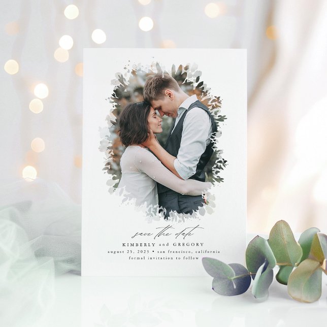 Romantic and Dreamy Save the Date Photo (Greenery Photo Save The Date Card)