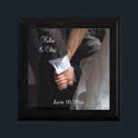 Romantic and Elegant Wedding Couple Holding Hands Gift Box<br><div class="desc">A romantic and elegant wedding photograph of a couple holding hands. The image focuses on the couples hands clasped together in love,  while wearing their fancy wedding attire. She in her wedding gown and he in his tux. Personalise with your wedding details for an endearing memento.</div>