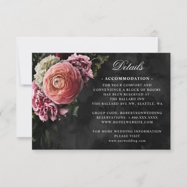 Romantic and Moody Pink Bouquet on Black Details  RSVP Card (Front)