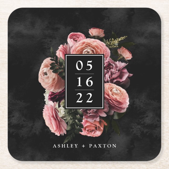 Romantic and Moody Pink Bouquet on Black Square Paper Coaster (Front)