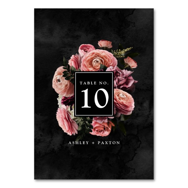 Romantic and Moody Pink | Floral Bouquet on Black  Table Number (Front)