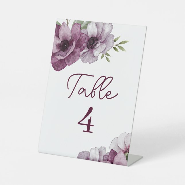 Romantic Anemones Wedding Table Number Pedestal Sign (Front)