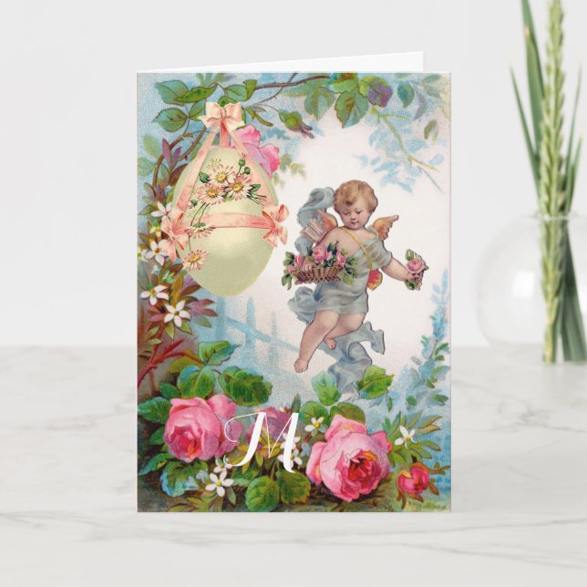 ROMANTIC ANGEL GATHERING PINK ROSES AND EASTER EGG HOLIDAY CARD (Front)