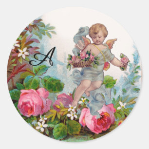 ROMANTIC ANGEL GATHERING PINK ROSES AND FLOWERS CLASSIC ROUND STICKER
