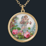 ROMANTIC ANGEL GATHERING PINK ROSES AND FLOWERS GOLD PLATED NECKLACE<br><div class="desc">Elegant pink roses with cupid ,  vintage style design for Christmas and Valentine's Day digital graphics and design by Bulgan Lumini (c)</div>