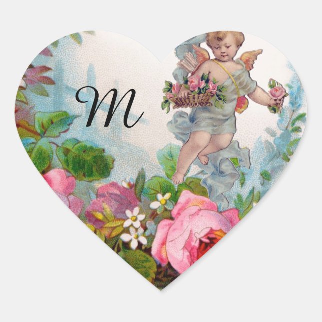 ROMANTIC ANGEL GATHERING PINK ROSES AND FLOWERS HEART STICKER (Front)