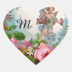ROMANTIC ANGEL GATHERING PINK ROSES AND FLOWERS HEART STICKER