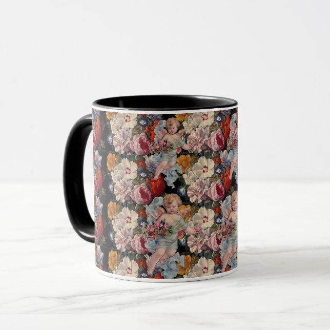 ROMANTIC ANGEL GATHERING PINK ROSES AND FLOWERS MUG (Front Left)