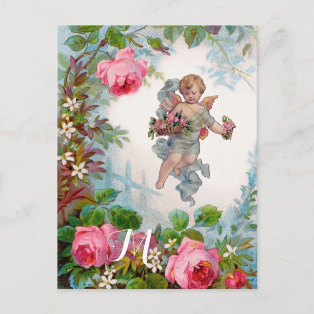 ROMANTIC ANGEL GATHERING PINK ROSES AND FLOWERS POSTCARD (Front)