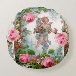 ROMANTIC ANGEL GATHERING PINK ROSES AND FLOWERS ROUND CUSHION