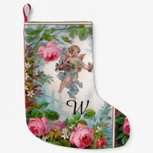 ROMANTIC ANGEL GATHERING PINK ROSES AND FLOWERS SMALL CHRISTMAS STOCKING