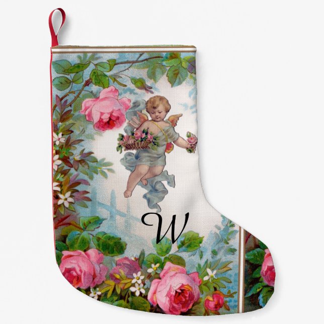 ROMANTIC ANGEL GATHERING PINK ROSES AND FLOWERS SMALL CHRISTMAS STOCKING (Front)