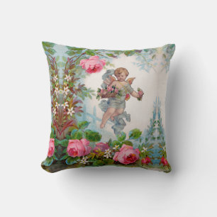 ROMANTIC ANGEL GATHERING PINK ROSES AND FLOWERS TH CUSHION