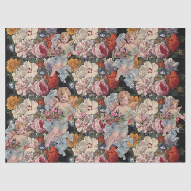 ROMANTIC ANGEL GATHERING PINK ROSES AND FLOWERS TISSUE PAPER (Front)