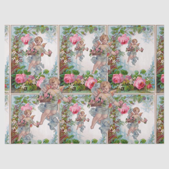 ROMANTIC ANGEL GATHERING PINK ROSES AND FLOWERS TISSUE PAPER (Front)