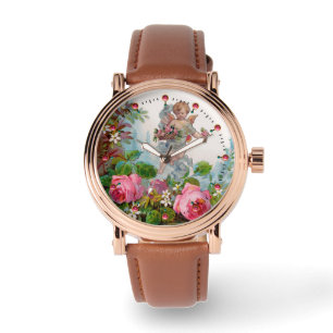 ROMANTIC ANGEL GATHERING PINK ROSES AND FLOWERS WATCH