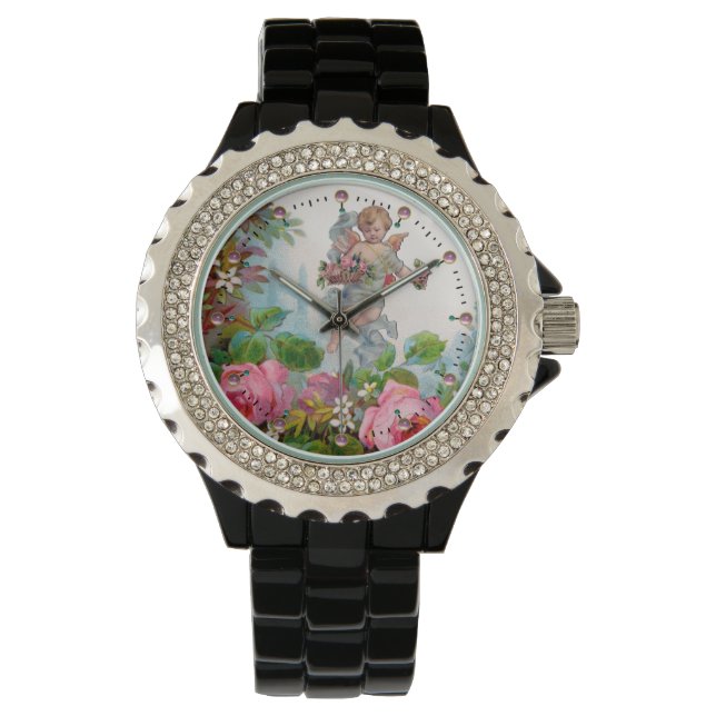 ROMANTIC ANGEL GATHERING PINK ROSES AND FLOWERS WATCH (Front)
