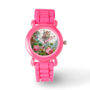 ROMANTIC ANGEL GATHERING PINK ROSES AND FLOWERS WATCH