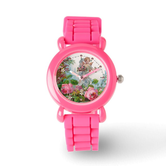 ROMANTIC ANGEL GATHERING PINK ROSES AND FLOWERS WATCH (Front)