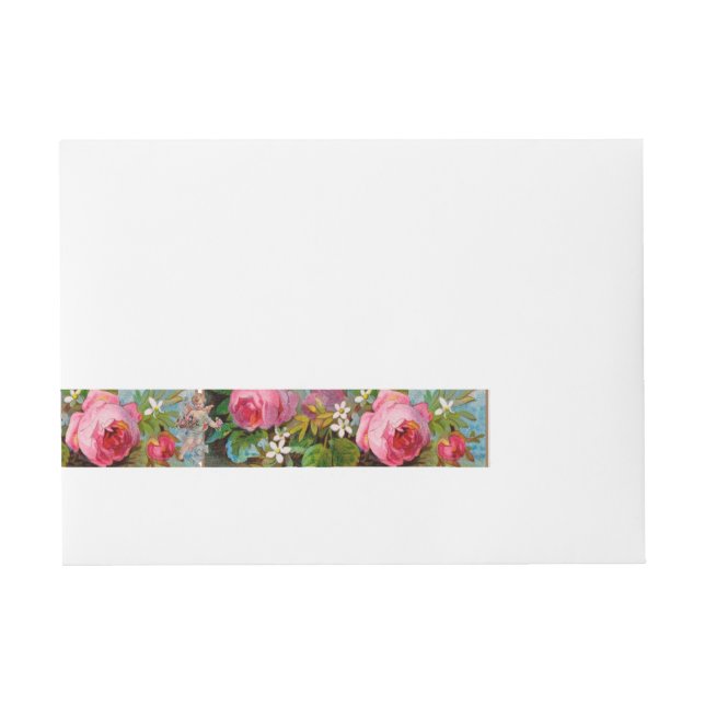 ROMANTIC ANGEL GATHERING PINK ROSES AND FLOWERS WRAPAROUND ADDRESS LABEL (Front)