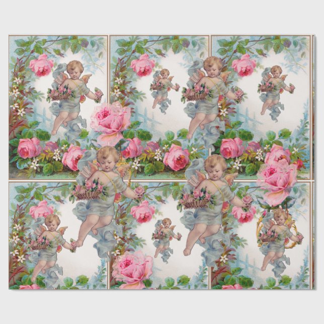 ROMANTIC ANGEL GATHERING PINK ROSES AND FLOWERS WRAPPING PAPER (Flat)