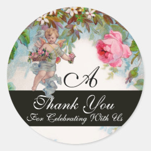 ROMANTIC ANGEL GATHERING PINK ROSES Thank You Classic Round Sticker