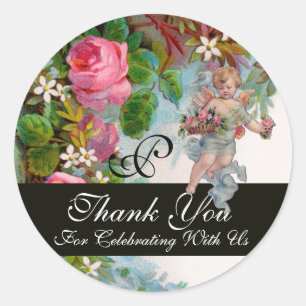 ROMANTIC ANGEL GATHERING PINK ROSES Thank You Classic Round Sticker