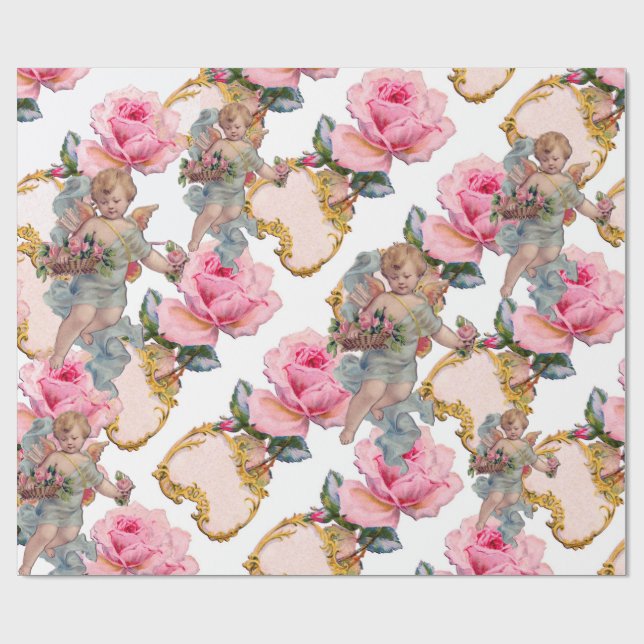 ROMANTIC ANGEL GATHERING PINK ROSES WRAPPING PAPER (Flat)