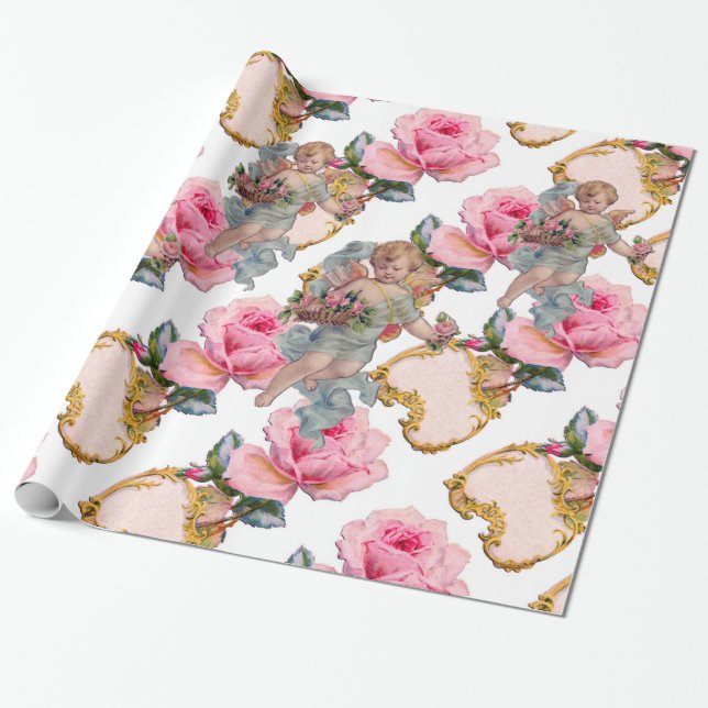 ROMANTIC ANGEL GATHERING PINK ROSES WRAPPING PAPER (Unrolled)